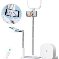 SYOSI Phone Stand for Recording, Content Creator Kit, Selfie Stand 360 Rotation with LED Light, Overhead Phone Holder Mount for Live Streaming/YouTube/Tiktok/Video Recording/INS Starter kit, White