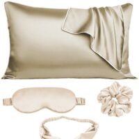 VAOdo 5PCS Pillowcase for Hair and Skin Vegan Silk Pillowcase Set 2 Satin Pillowcases 1 Hair Tie 1 Eye Mask 1 Scrunchie-Luxury Sleep Set Leopard Gold