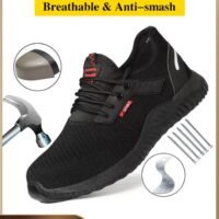 Fly Woven Steel Toe Safety Shoes for Men Anti Smash Anti Puncture Work Labor Protection Shoes Mens Light Breathable Sneakers Non Slip Wear Resistant Sports Shoes with Comfortable Soft Sole