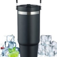 BUPY 30 Oz Stainless Steel Insulated Tumbler Coffee Cup with Flip Straw Mouth Lid & Rotating Handle for Travel Sports, Keep Drinks Cold 24 Hours, Cup holder Friendly, Black
