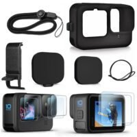Captaintech Silicone Sleeve Case for Go Pro Hero 11 /Hero 10 /Hero 9 Black, Battery Side Cover & Screen Protectors & Lens Caps & Lanyard for Go Pro Hero 11 /10 / 9 Accessories Kit