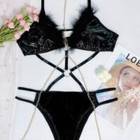 Women's Underwear Women's Patent Leather Hollow Underwear Chain Decorated with Lace Elements
