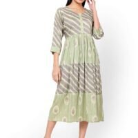 HANA & SARA FLORAL AND STRIP PRINTED FRONT STYLED BUTTONED ARABIC KAFTAN JALABIYA DRESS