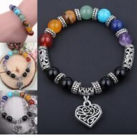 Rubik Men Women 7 Chakra Bracelets Colors Mixed Agate Stones Yoga Heart Bracelet Lucky Bracelets