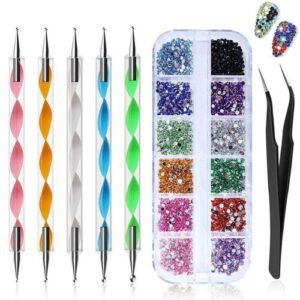 Nail art DIY decoration tool set, including colored rhinestones/white rhinestones + dotting pen + tweezers, for use in nail salons