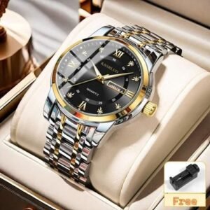 KASRLUO Men's Premium Quartz Stainless Steel Wristwatch with Dual Calendar Waterproof Luminous- Black