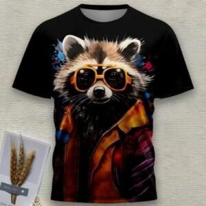 Men's Casual Black Fashionable Teddy Bear Pattern T-shirt Round Neck Short Sleeve