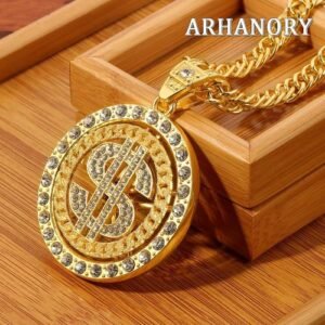 ARHANORY Men Necklaces with Cuban Chain Rotatable "$" Pendant Chain Hip Hop Jewelry - Gold